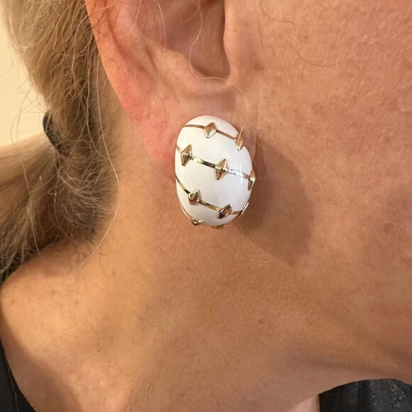 Tiffany & Co Schlumberger Dot Losange 18k Yellow Gold White Enamel Hoop Earrings - Picture 3 of 15